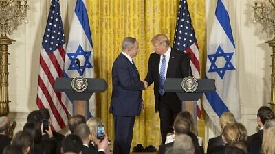 Prime Minister Benjamin Netanyahu and then-President Donald Trump at a joint press conference in the East Room of the White House on Feb. 15, 2017. Credit: Leslie N. Emory/White House Photo.
