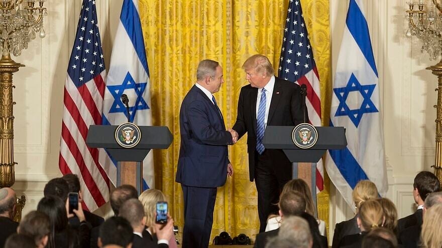 Prime Minister Benjamin Netanyahu and then-President Donald Trump at a joint press conference in the East Room of the White House on Feb. 15, 2017. Credit: Leslie N. Emory/White House Photo.