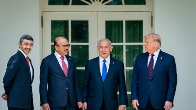 U.S. President Donald Trump walks with the Minister of Foreign Affairs of Bahrain Dr. Abdullatif bin Rashid Al Zayani, Israeli Prime Minister Benjamin Netanyahu and the Minister of Foreign Affairs for the United Arab Emirates Abdullah bin Zayed Al Nahyan, on Sept. 15, 2020, along the Colonnade of the White House on their way to sign the Abraham Accords on the South Lawn of the White House. Credit: Official White House Photo by Tia Dufour.