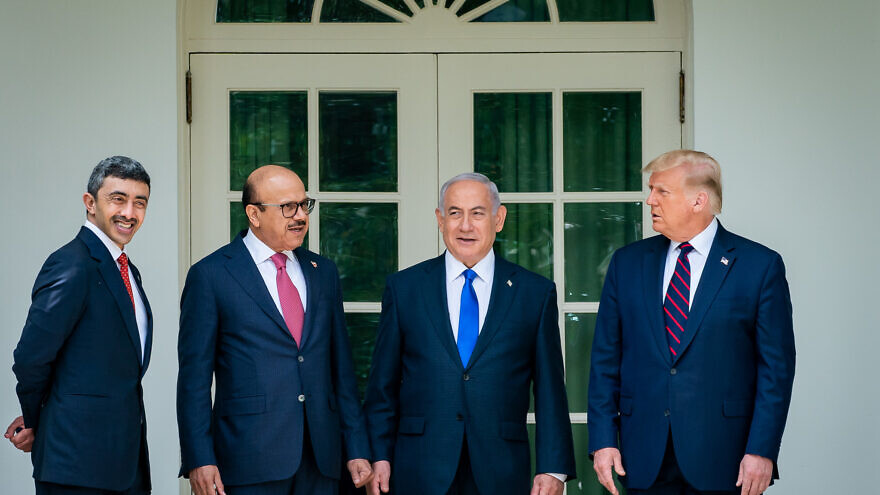 U.S. President Donald Trump walks with the Minister of Foreign Affairs of Bahrain Dr. Abdullatif bin Rashid Al Zayani, Israeli Prime Minister Benjamin Netanyahu and the Minister of Foreign Affairs for the United Arab Emirates Abdullah bin Zayed Al Nahyan, on Sept. 15, 2020, along the Colonnade of the White House on their way to sign the Abraham Accords on the South Lawn of the White House. Credit: Official White House Photo by Tia Dufour.