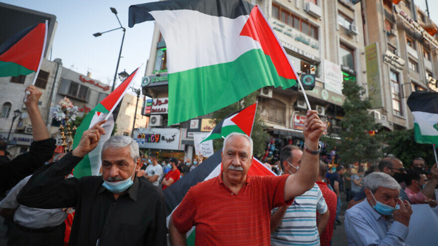 Palestinians in Ramallah, in Samaria, protest against the normalization agreements between Israel and the United Arab Emirates and Bahrain, Sept. 15, 2020. Credit: Flash90.