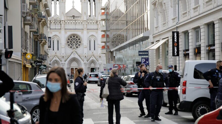 The road in front of Notre-Dame de Nice closed by the French police after the stabbing in Nice, France, on Oct. 29, 2020. Credit: Martino C. via Wikimedia Commons.