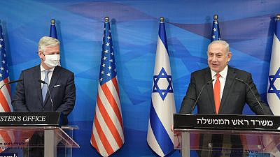 U.S. National Security Advisor Robert O'Brien and Israeli Prime Minister Benjamin Netanyahu at a joint press conference in Jerusalem on Dec. 13, 2020. Credit: Amos Ben-Gershom/GPO.