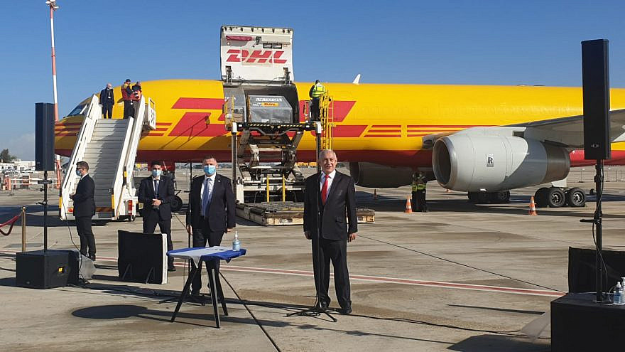 Then-Israeli Prime Minister Benjamin Netanyahu at Ben-Gurion International Airport on the arrival of the first batch of Pfizer BioNTech coronavirus vaccines, Dec. 9, 2020. Credit: GPO.