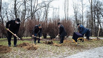 Planting trees at the Babi Yar memorial in Kyiv, Ukraine, for Tu B’Shevat and International Holocaust Remembrance Day, Jan. 27, 2021. Photo by Olga Zakrevskaya.