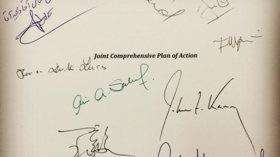 Signatures on the Joint Comprehensive Plan of Action (JCPOA) nuclear agreement with Iran. On the top left side is Persian handwriting by Iranian Foreign Minister Mohammad Javad Zarif, July 14, 2015. Credit: Wikimedia Commons.