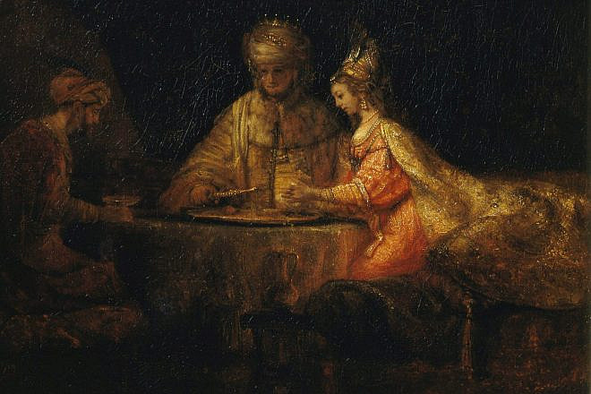 King Ahasuerus and Haman at the “Feast of Esther.” Credit: Rembrandt Painting, Pushkin Museum of Fine Arts, Moscow, via Wikimedia Commons.