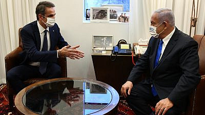 Israeli Prime Minister Benjamin Netanyahu meeting with Greek Prime Minister Kyriakos Mitsotakis in Jerusalem on Feb. 8, 2021. Credit: Haim Zach/GPO.
