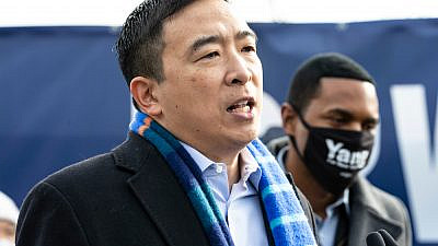 Former Democratic presidential candidate Andrew Yang speaks to the media during the announcement of his candidacy for mayor of New York City, February 2021. Credit: Lev Radin/Shutterstock.