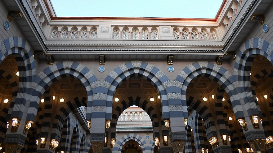 Al-Masjid an-Nabawi in Medina, Saudi Arabia, known in English as the Prophet's Mosque, and also as Al Haram, Al Haram Al Madani and Al Haram Al Nabawi by locals, Jan. 31, 2014. Credit: Khadim un Nabi Rao via Wikimedia Commons.