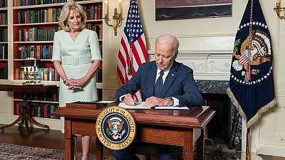 U.S. President Joe Biden, joined by first lady Jill Biden, in the Library of the White House, March 31, 2021. Photo by Adam Schultz/The White House.