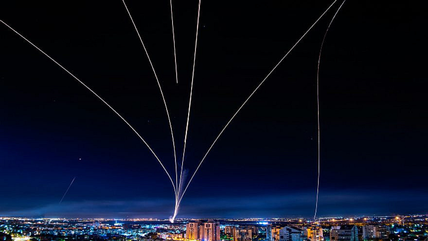 A long-exposure shot showing Israel's Iron Dome defense system firing interceptors at rockets fired from the Gaza Strip, May 16, 2021. Photo by Avi Roccah/Flash90.