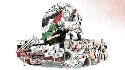 An Iranian poster, published by Iran's Supreme Leader Ayatollah Ali Khamenei, showing the power progression among the Palestinians and Muslims throughout the world, from rock-throwers to rocket forces and even nuclear power. Credit: Khamenei's website via JCPA.