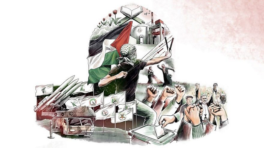 An Iranian poster, published by Iran's Supreme Leader Ayatollah Ali Khamenei, showing the power progression among the Palestinians and Muslims throughout the world, from rock-throwers to rocket forces and even nuclear power. Credit: Khamenei's website via JCPA.