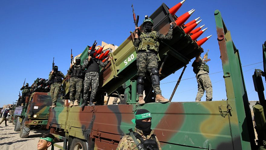 Hamas terrorists attend a parade in Khan Yunis, in the southern Gaza Strip, on May 27, 2021. Photo by Abed Rahim Khatib/Flash90.