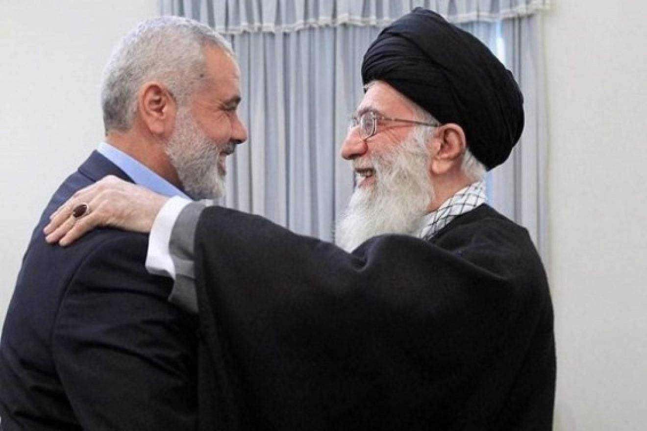 Iran’s Supreme Leader Ayatollah Ali Khamenei (right) embraces Hamas leader Ismail Haniyeh. Source: Khamenei's Twitter account, posted May 24, 2021.
