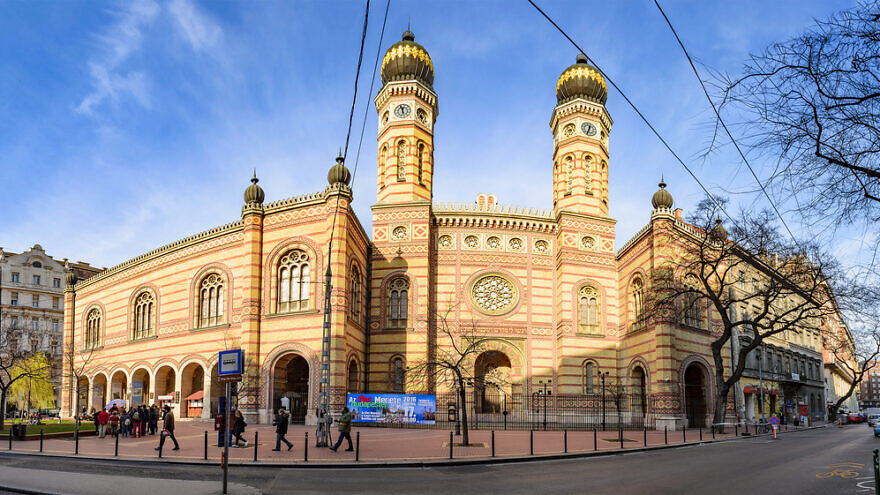 Panoramic view of the Great Synagogue in Dohany Street. The Dohany Street Synagogue (Tabakgasse Synagogue) is the largest synagogue in Europe. Budapest, Hungary. Credit: Pit Stock/Shutterstock.
