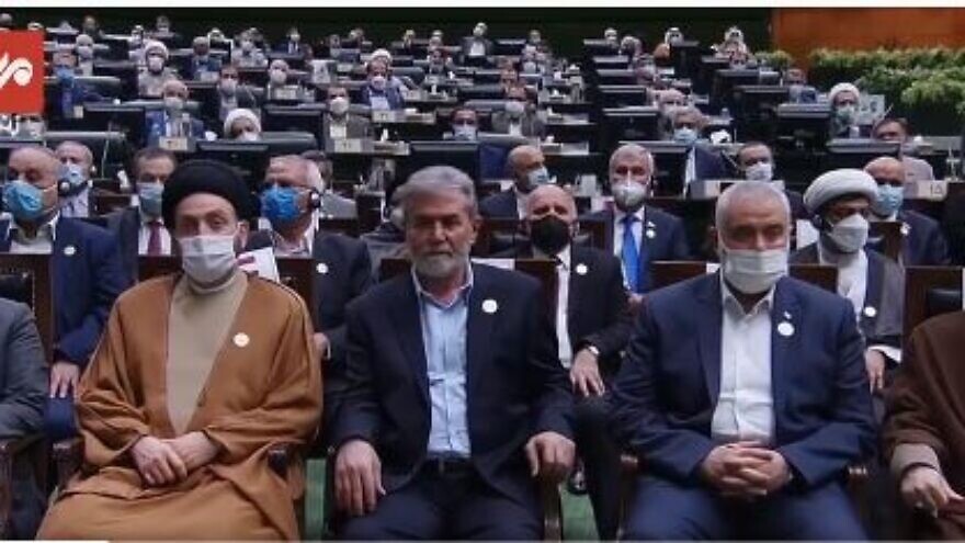 Guests at the swearing-in ceremony of Iranian President Ebrahim Raisi. The front row includes representatives of terrorist organizations, such as Naim Qassem, deputy head of Hezbollah, Hamas Politburo chief Ismail Haniyeh and Ziad Nakhla, leader of Palestinian Islamic Jihad. Aug. 5, 2021. Source: X.