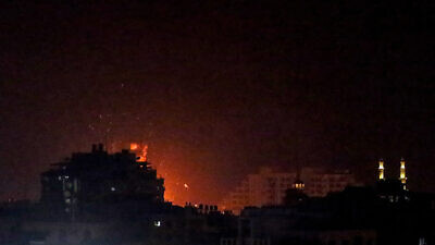 An Israeli airstrike in the southern Gaza Strip, on Aug. 21, 2021. Photo by Atia Mohammed/Flash90.