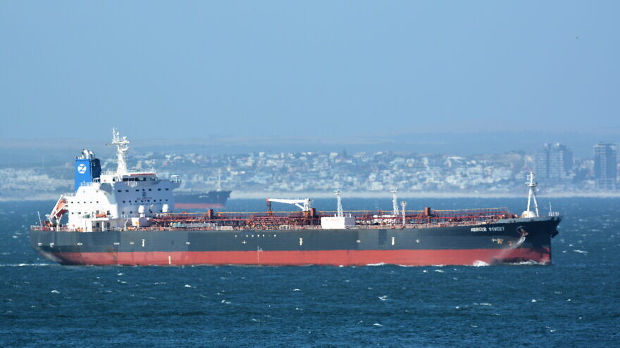 The “Mercer Street” oil tanker, managed by an Israeli owned-company, was struck by what U.S. explosives experts say was an Iranian drone in the Arabian Sea on July 29, 2021. Photo by Johan Victor/MarineTraffic.