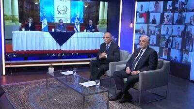 Ana Lucrecia Marroquín de Palomo, vice president of the Congress of Guatemala; Alejandro Giammattei, president of the Republic of Guatemala; Fidel Reyes Lee, president of the Guatemala-Israel Friendship League. Source: Screenshot.
