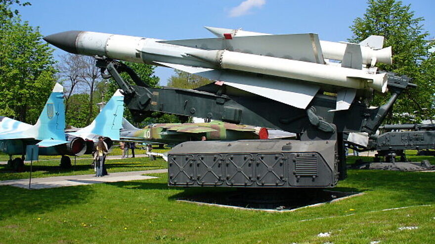 A Russian-built SA-5 surface-to-air missile on its launcher. Photo by George Chernilevsky/Wikipedia.