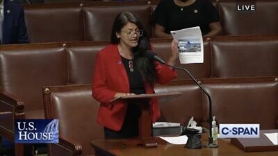 Rep. Rashida Tlaib (D-Mich.) on the floor of the U.S. House of Representatives speaking against a bill to fund the Iron Dome missile-defense system to Israel. Source: Screenshot/C-SPAN.