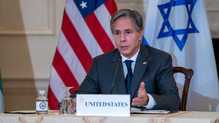 U.S. Secretary of State Antony Blinken holds a press availability with Israeli Alternate Prime Minister and Foreign Minister Yair Lapid and United Arab Emirates Foreign Minister Sheikh Abdullah Bin Zayed Al Nahyan at the U.S. Department of State in Washington, D.C., on Oct. 13, 2021. Credit: U.S. State Department Photo by Ron Przysucha.