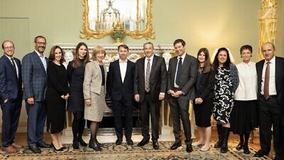 From left: Rabbi Stuart Halpern; Andrew Herenstein; Terri Herenstein; Dina Sacks; Lady Elaine Sacks; Joshua Sacks; Rabbi Ari Berman, president of Yeshiva University; Elliott Goldstein; Gila Sacks; Eve Sacks; Judith Sacks; and Alan Sacks, Oct. 11, 2021. Credit: Blake Ezra Photography.