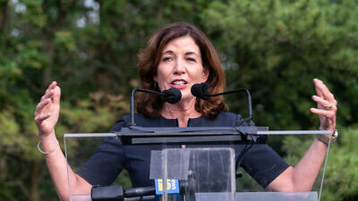 New York Gov. Kathy Hochul speaks at a “Westchester Stands United Against Anti-Semitism and Hate” rally at the Jewish Community Center of Mid-Westchester, N.Y., June 7, 2021. Credit: Lev Radin/Shutterstock.