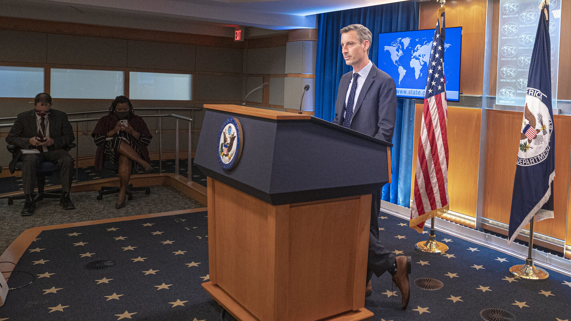 U.S. State Department spokesman Ned Price briefs reporters, Nov. 3, 2021. Credit: Freddie Everett/State Department.