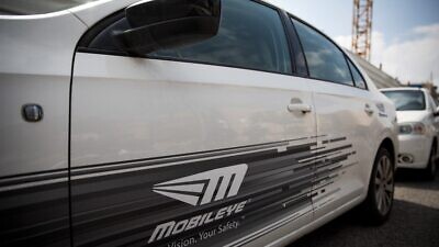 The logo of "Mobileye" on a car in Jerusalem on March 14, 2017. Photo by Yonatan Sindel/Flash90.