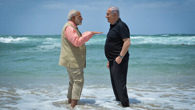 Israeli Prime Minister Benjamin Netanyahu and his Indian counterpart, Narendra Modi, visit the desalination plant at Olga Beach in Haifa on July 6, 2017. Photo by Kobi Gideon/GPO.