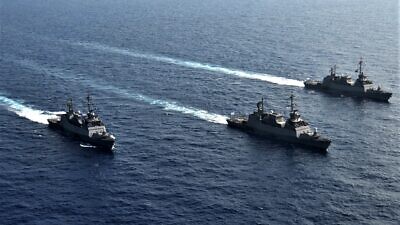 Three Sa'ar 5 class missile corvettes of the Israeli Navy cruise off the shore of Israel during a 2021 training exercise. Credit: IDF Photo/Flickr via Wikimedia Commons.