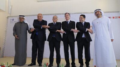 Foreign ministers from the United States, Israel, the United Arab Emirates, Bahrain, Morocco and Egypt at the Negev Summit, March 28, 2022. Photo by Asi Efrati.