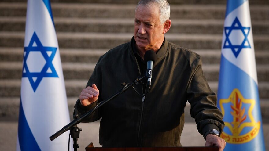 Israeli Defense Minister Benny Gantz speaks to reporters at the IDF Central Command headquarters in Jerusalem, March 30, 2022. Credit: Olivier Fitoussi/Flash90.