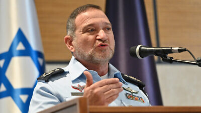 Israel Police Chief Yaakov Shabtai speaks during a ceremony after the largest-ever police operation against illegal gun dealers in the northern Israeli city of Nazareth, Nov. 9, 2021. Photo by Michael Giladi/Flash90.