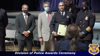 Ismail Quran, a Cleveland police officer received an award at the Cleveland Division of Police Award on Nov. 11, 2021. Screenshot: TV20 Cleveland livestream.