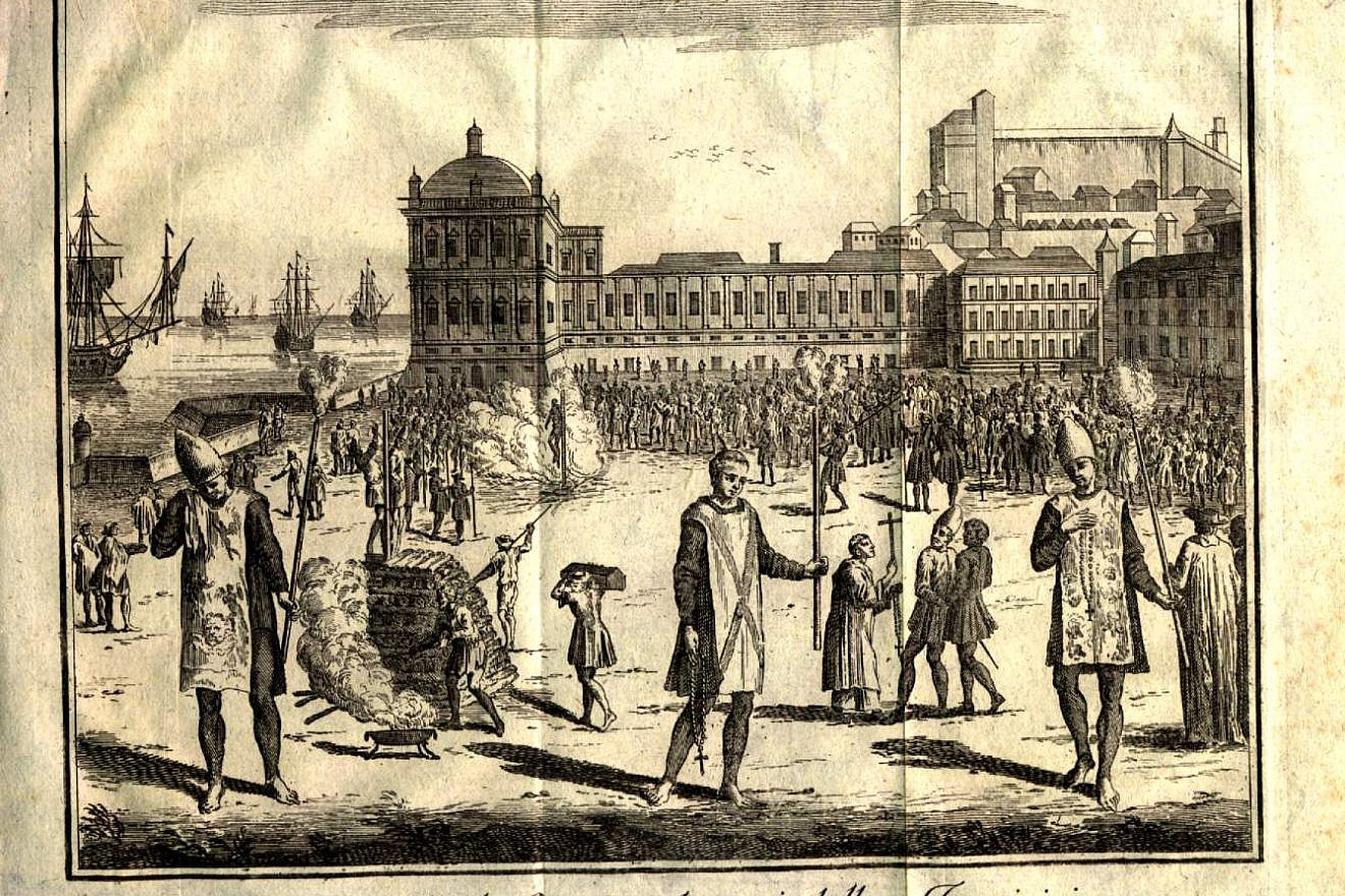 A Portuguese Inquisition auto-da-fé in Lisbon. Credit: The National Library of Israel.