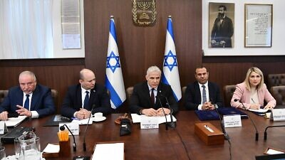 Israeli Prime Minister Yair Lapid addresses the weekly Cabinet session in Jerusalem on July 3, 2022. Credit: Haim Zach/GPO.
