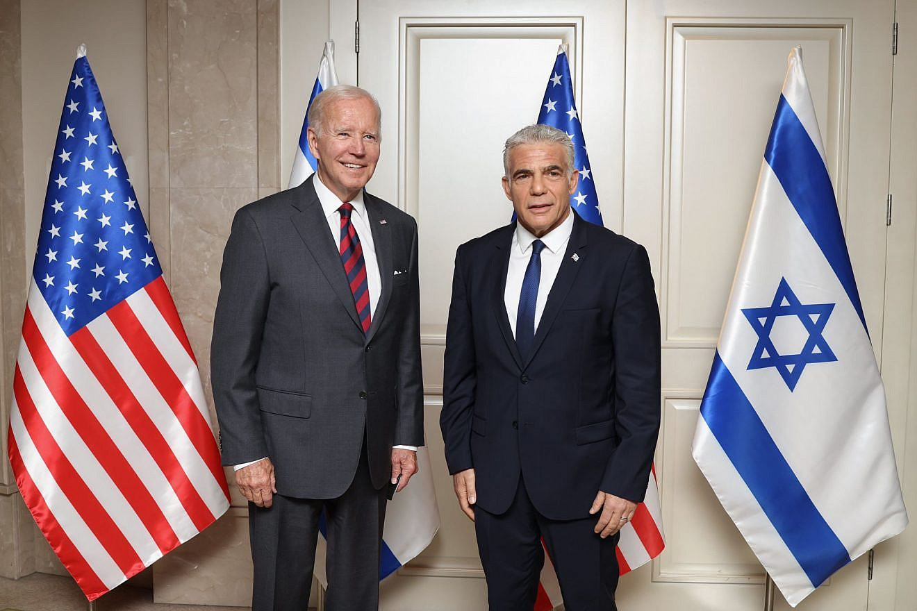 U.S. President Joe Biden meets with Israeli Prime Minister Yair Lapid in Jerusalem on July 14, 2022. Credit: Avishag Shaar-Yashuv/GPO.