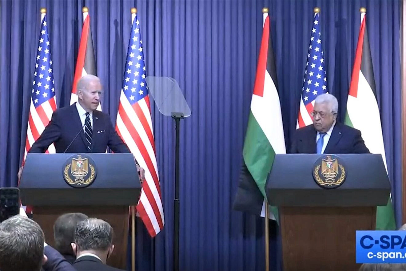 U.S. President Joe Biden meets with Palestinian Authority leader Mahmoud Abbas in Bethlehem on July 15, 2022. Credit: Courtesy of ©C-SPAN.