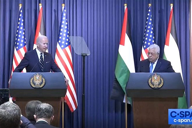 U.S. President Joe Biden meets with Palestinian Authority leader Mahmoud Abbas in Bethlehem on July 15, 2022. Credit: Courtesy of ©C-SPAN.