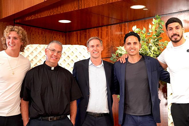 From left: Ryan Turell; Father Ed Benioff of Church of the Good Shepherd; Rabbi Erez Sherman of Sinai Temple in Los Angeles; Omar Qudrat of Muslim Coalition for America; and NBA player Enes Kanter Freedom. Credit: Courtesy of Miller Ink.