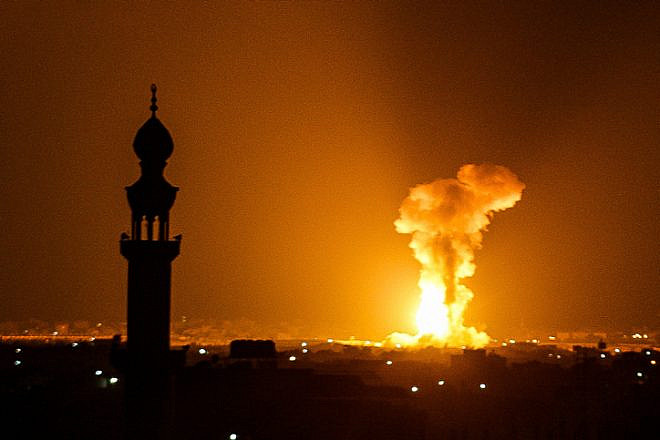 A ball of fire and smoke rises during Israeli airstrikes in Khan Younis, in the Gaza Strip, Aug. 5, 2022. Photo by Abed Rahim Khatib/Flash90.