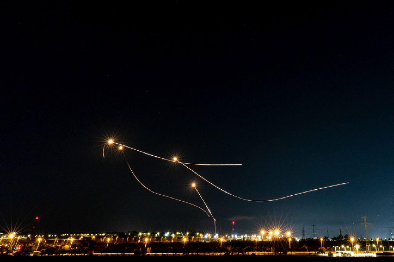 Israel's Iron Dome air-defense system intercepts rockets from the Gaza Strip, as seen from Sderot in southern Israel, Aug. 7, 2022. Photo by Yonatan Sindel/Flash90.