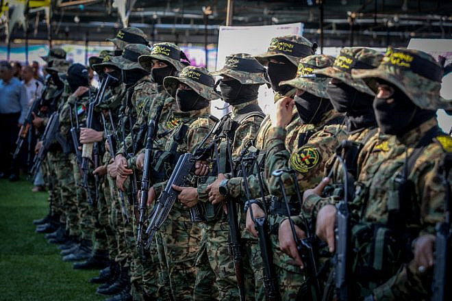 Palestinian Islamic Jihad terrorists at a gathering in Rafah, in the southern Gaza Strip, for commander Khaled Mansour, who was killed during the IDF's "Operation Breaking Dawn," Aug. 8, 2022. Photo by Abed Rahim Khatib/Flash90.