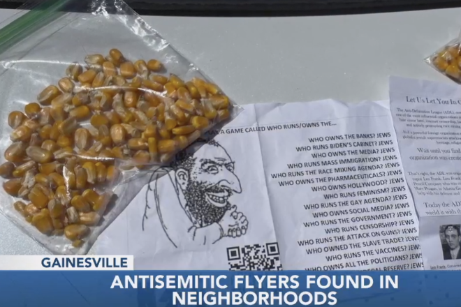 Two of the hate-filled fliers that were left outside homes in Gainesville, Fla., in August 2022. Source: Screenshot/WCJB.