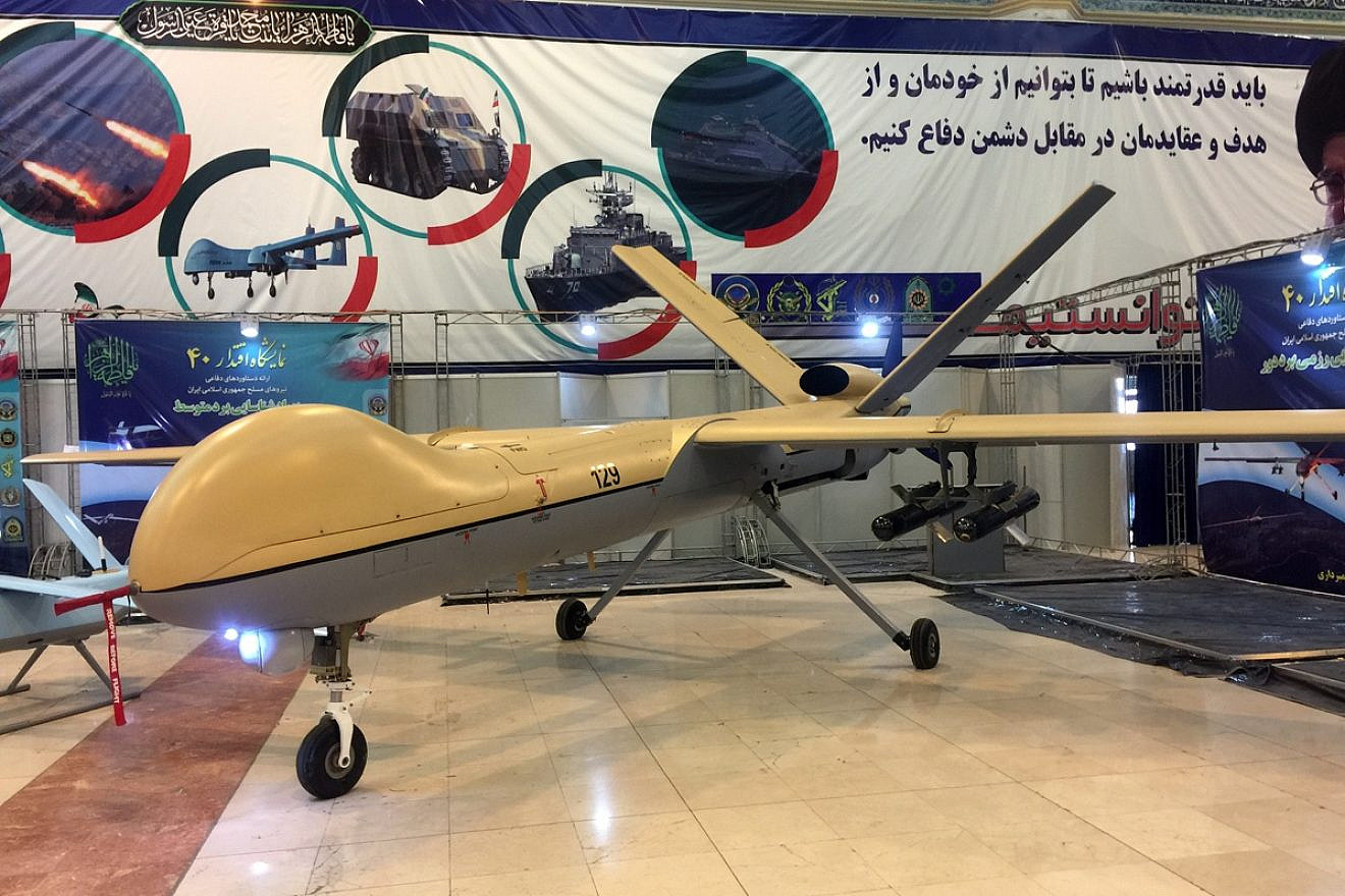 A Shahed-129 UAV is seen at the Eqtedar 40 defense exhibition in Tehran. Credit: Fars News Agency.