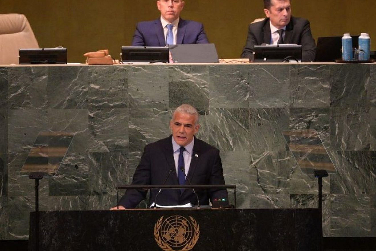 Israeli Prime Minister Yair Lapid speaks before the United Nations General Assembly in New York, Sept. 22, 2022. Credit: Avi Ohayon/GPO.